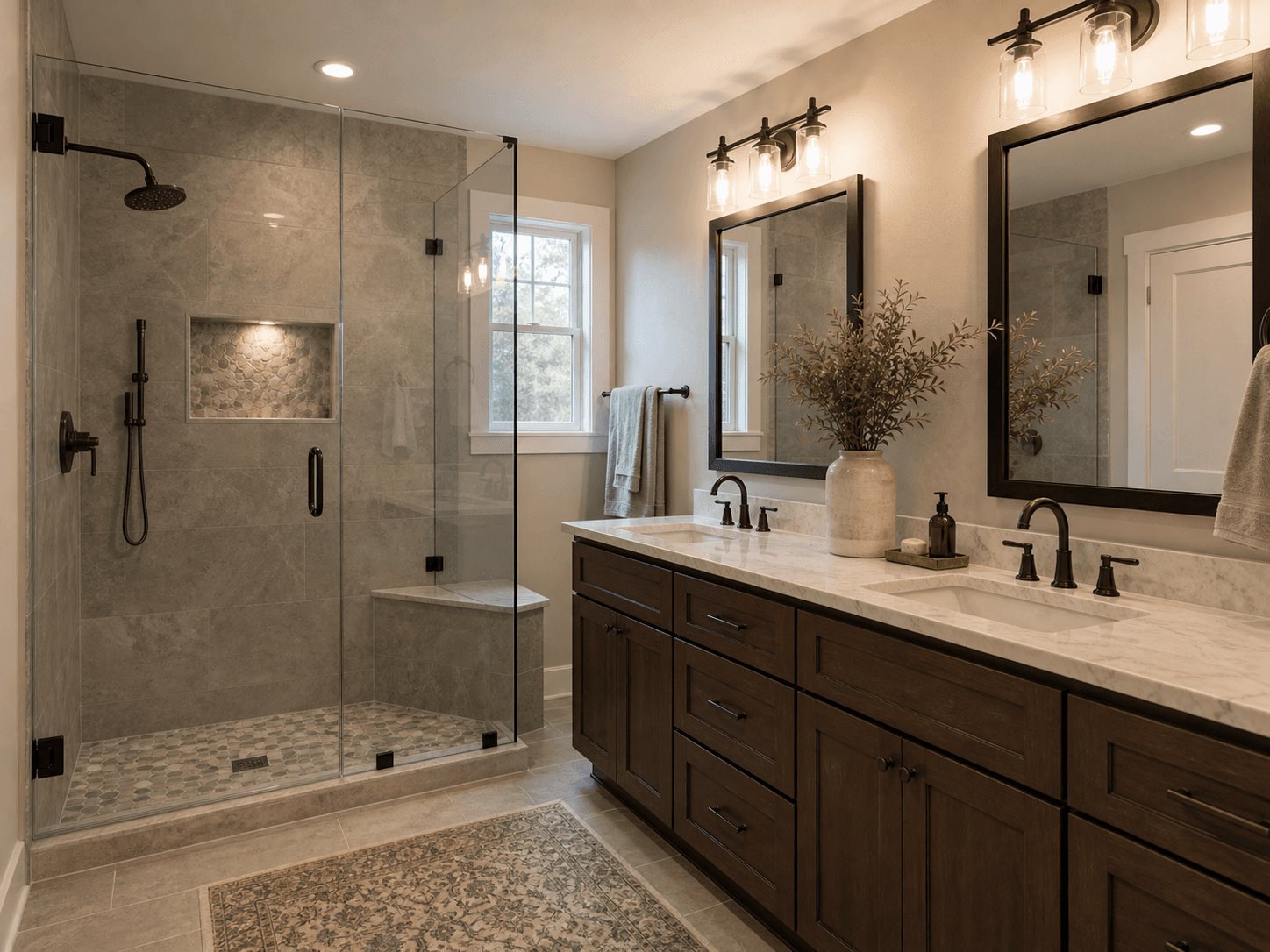 Illustrative remodeled bathroom with glass shower and vanity