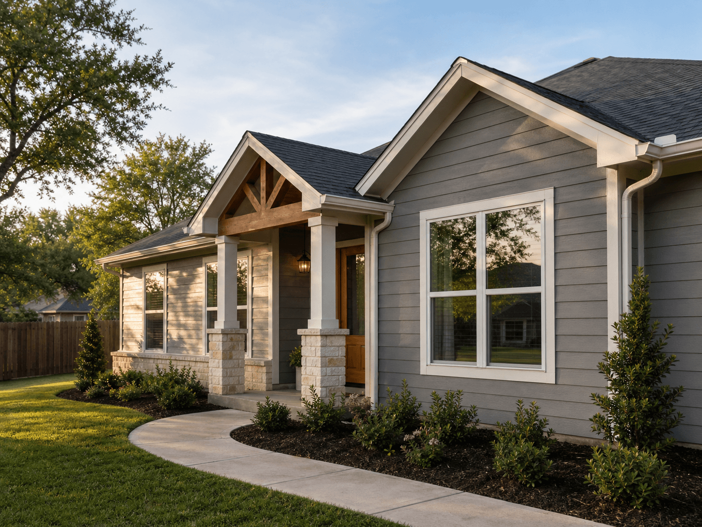 Illustrative remodeled home exterior with new siding and windows